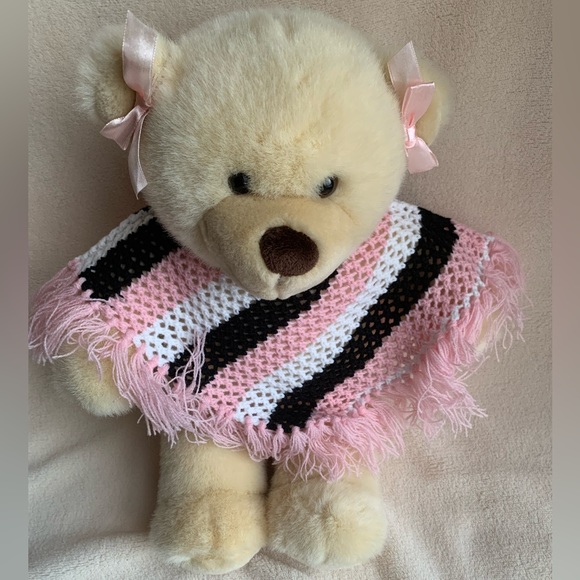 Build A Bear Workshop Plush Little Vanilla Bear Cub Stuffed Animal Toy w Poncho - Picture 2 of 7